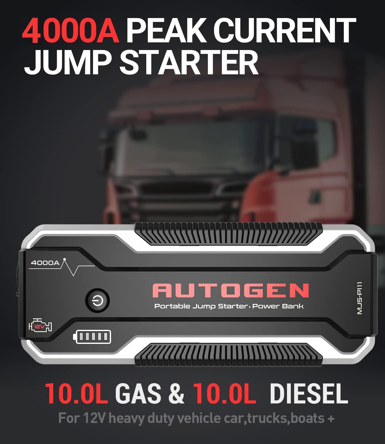AUTOGEN Arrancador de Coches 4000A 27000mAh(10.0L Gas & Diesel), Arrancador Batería Coche 12V, USB QC 3.0, Paquete de energía portátil para automóviles, SUV, Camiones.