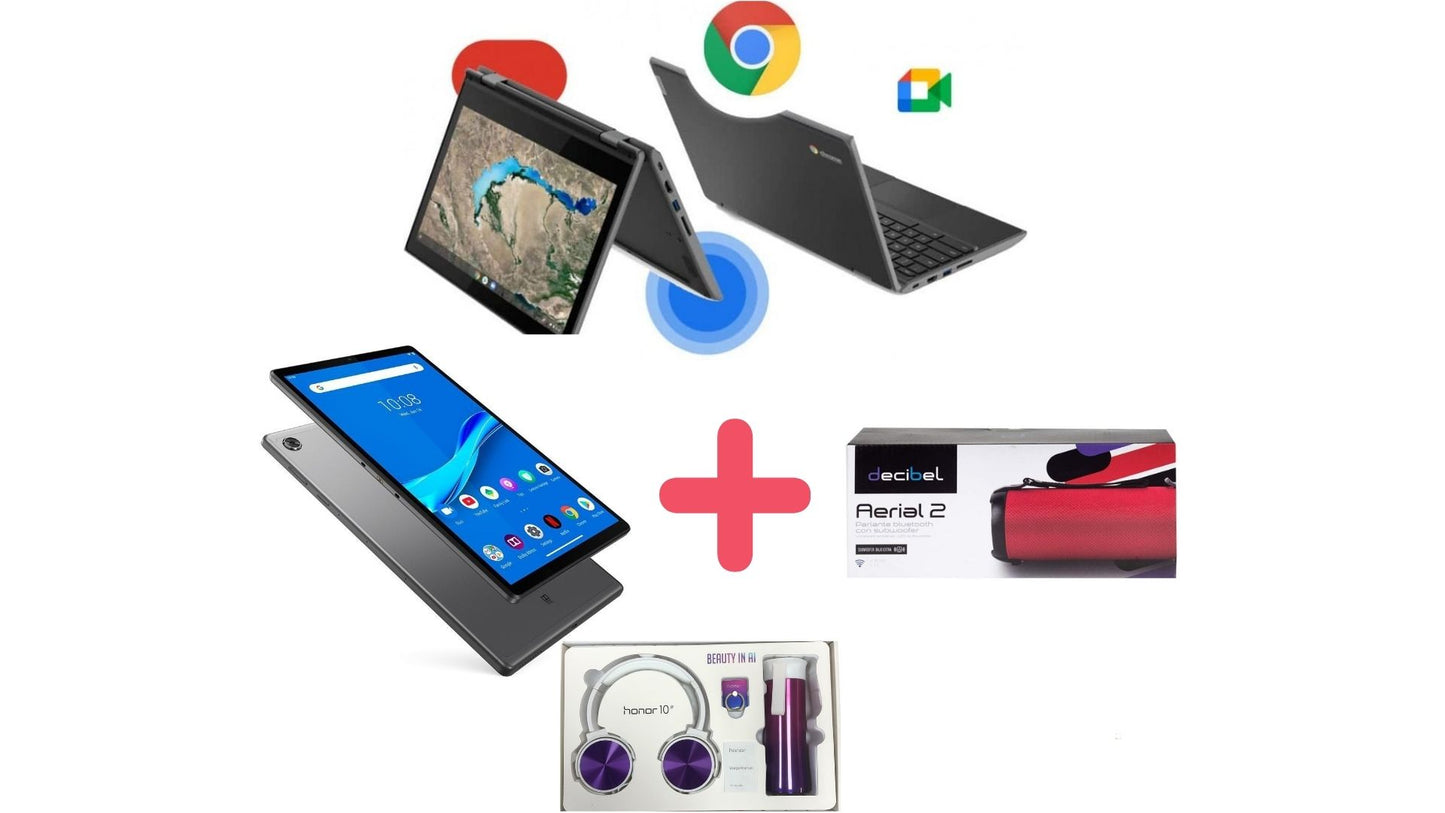 PACK 2 LENOVO Lenovo 300e Chromebook 360 Táctil+Lenovo Tab M10 FHD Plus+Parlante bluetooth Decibel Aerial 2 con subwoofer+REGALO CASCOS
