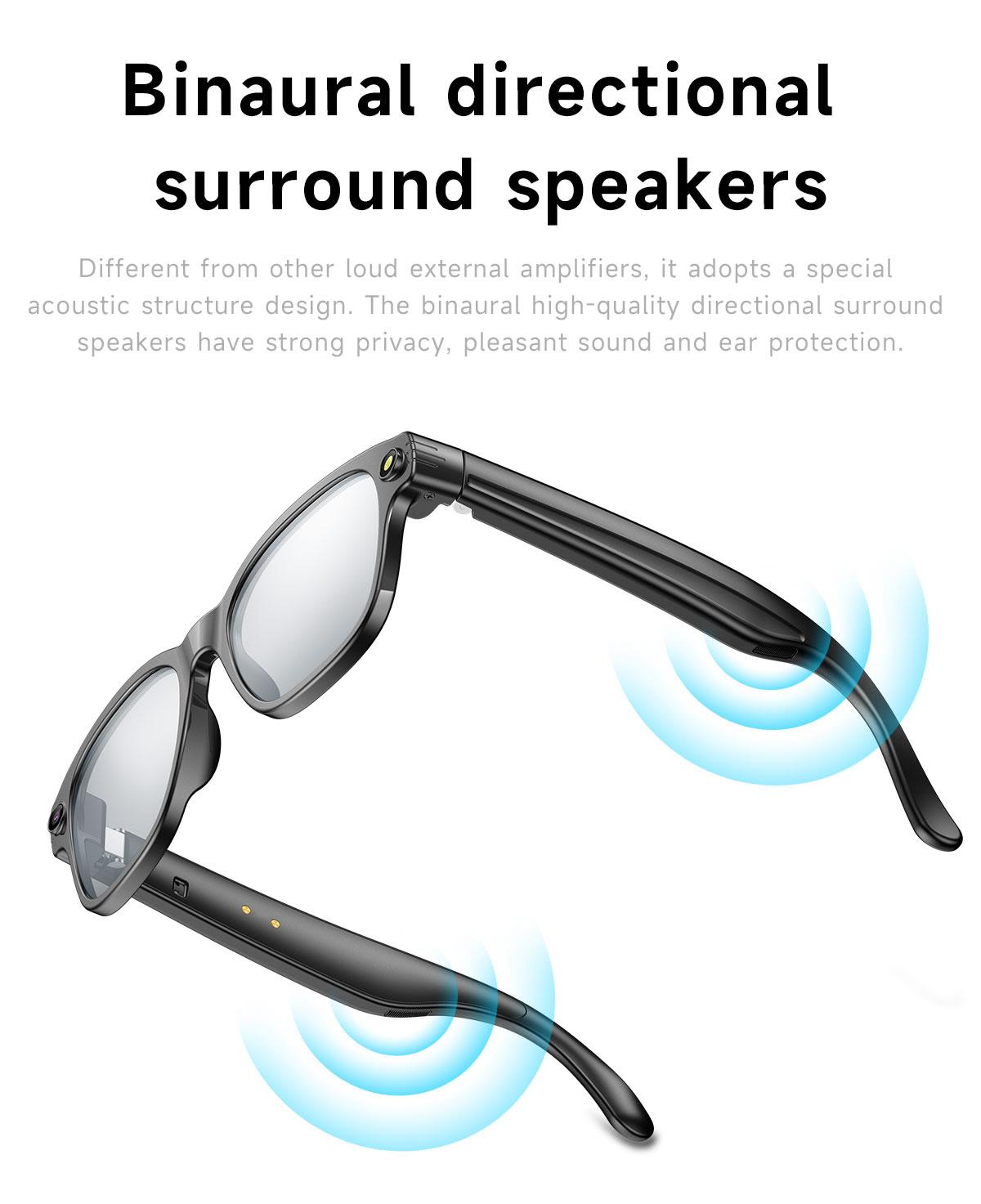 Gafas Inteligentes con el cristal transparente, Cámara HD, Bluetooth 5.4, Batería de 220 mAh, Altavoces Estéreo con Bajos, Micrófono con Cancelación de Ruido, Detección de Uso