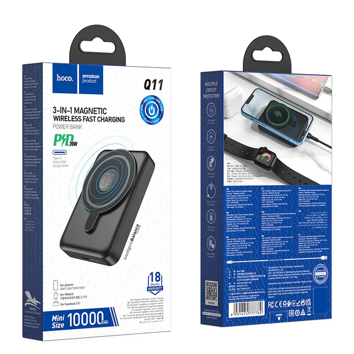 Hoco. Q11 Power Bank Magnético 3 En 1 Con Carga Inalámbrica Y Salida PD20W  Type-C De 10000mAh ELIGE BLANCO O NEGRO