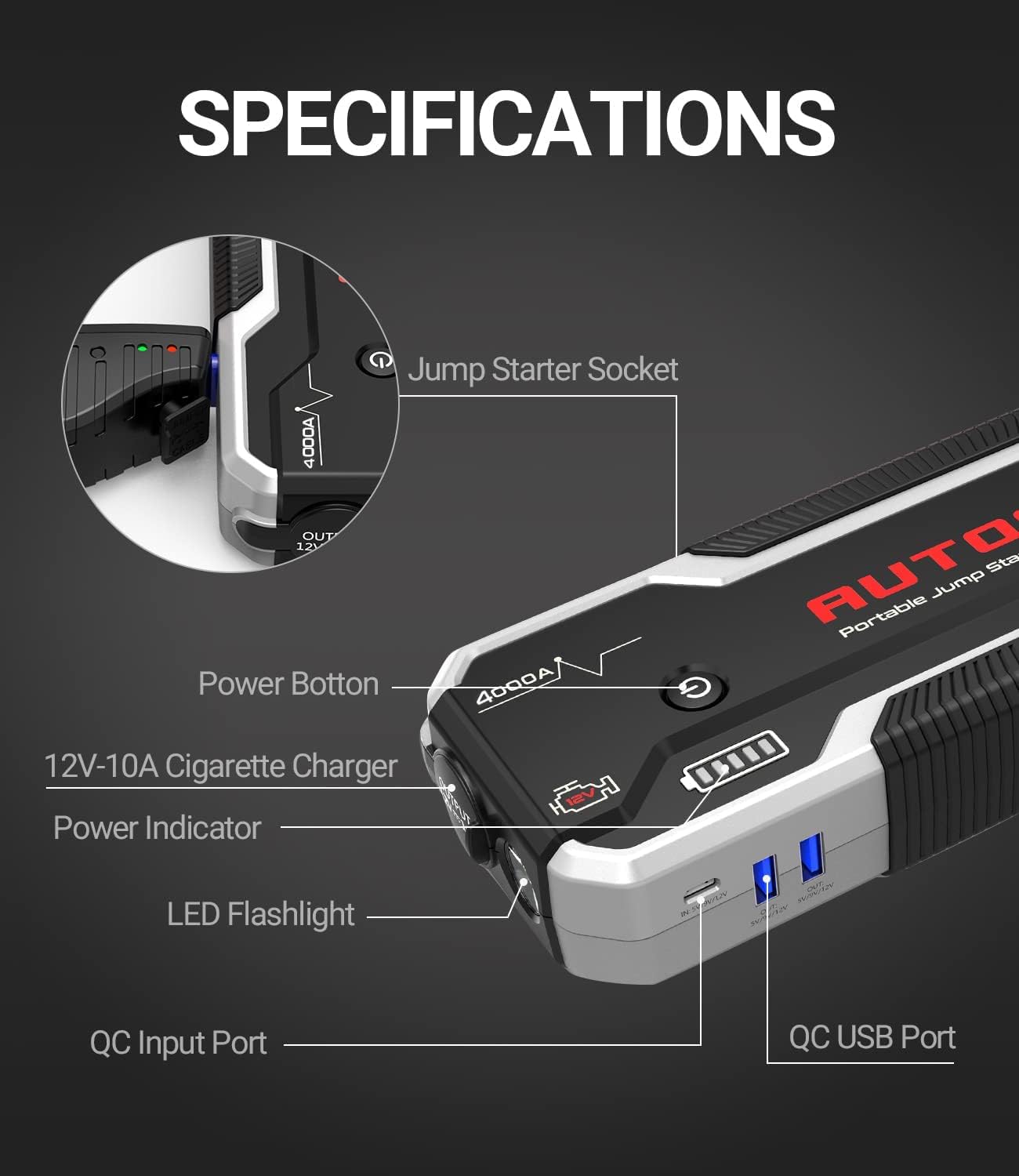 AUTOGEN Arrancador de Coches 4000A 27000mAh(10.0L Gas & Diesel), Arrancador Batería Coche 12V, USB QC 3.0, Paquete de energía portátil para automóviles, SUV, Camiones.