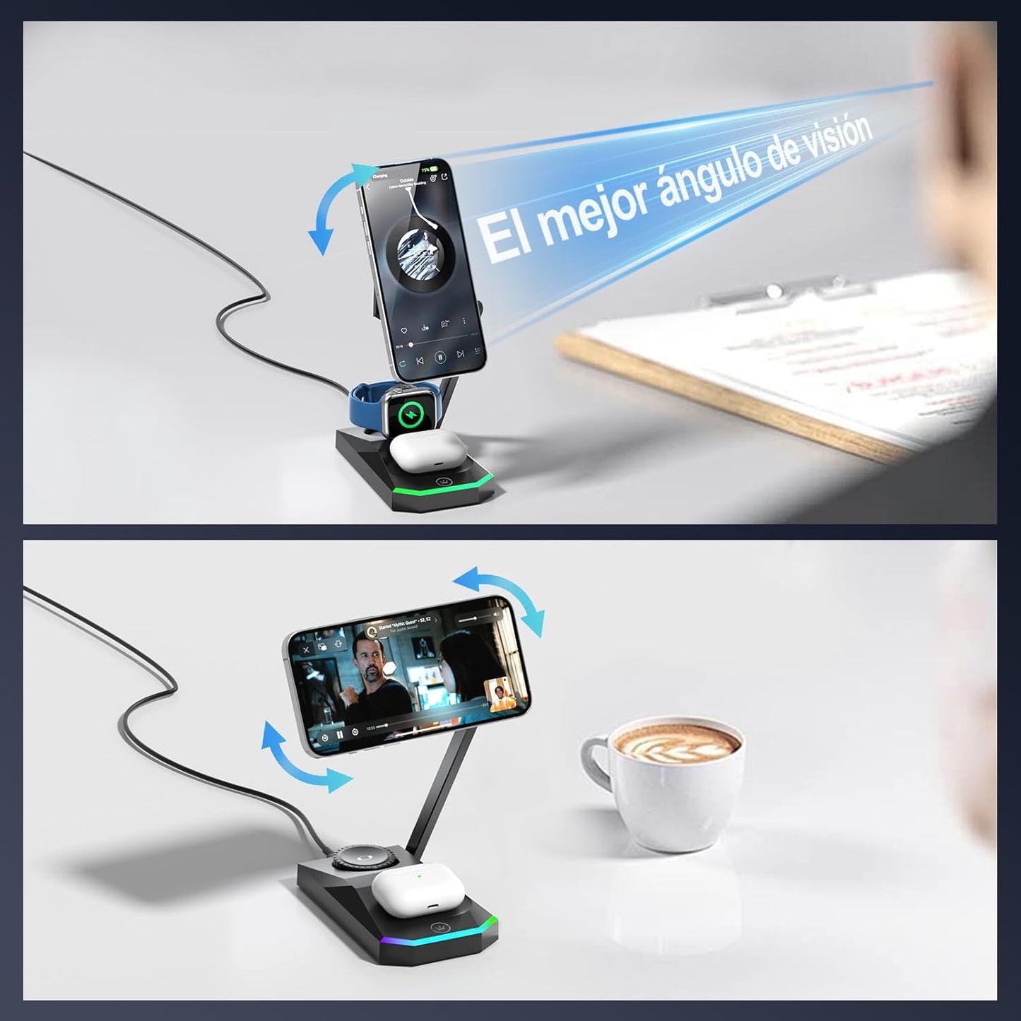 Cargador iPhone Carga Rapida Inalambrico,3 en 1 para Apple mag-Safe Cargador Inalámbrico para iPhone 16 15 14 13, Soporte de Carga inalámbrico para Apple Watch, AirPods con LED y Adaptador
