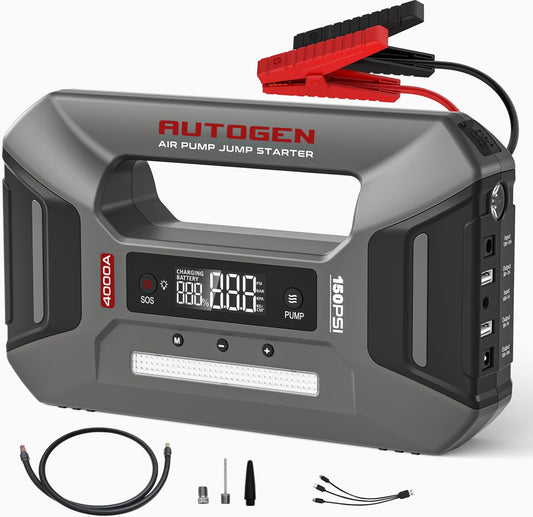 AUTOGEN Arrancador portátil de 12 V para Coche con compresor de Aire, Refuerzo de batería de 4000 A para Todas Las gasolinas y diésel de 9,5 l, inflador de neumáticos de 150 PSI con Pantalla Digital