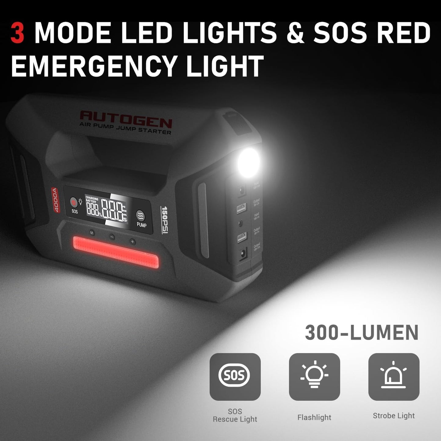 AUTOGEN Arrancador portátil de 12 V para Coche con compresor de Aire, Refuerzo de batería de 4000 A para Todas Las gasolinas y diésel de 9,5 l, inflador de neumáticos de 150 PSI con Pantalla Digital