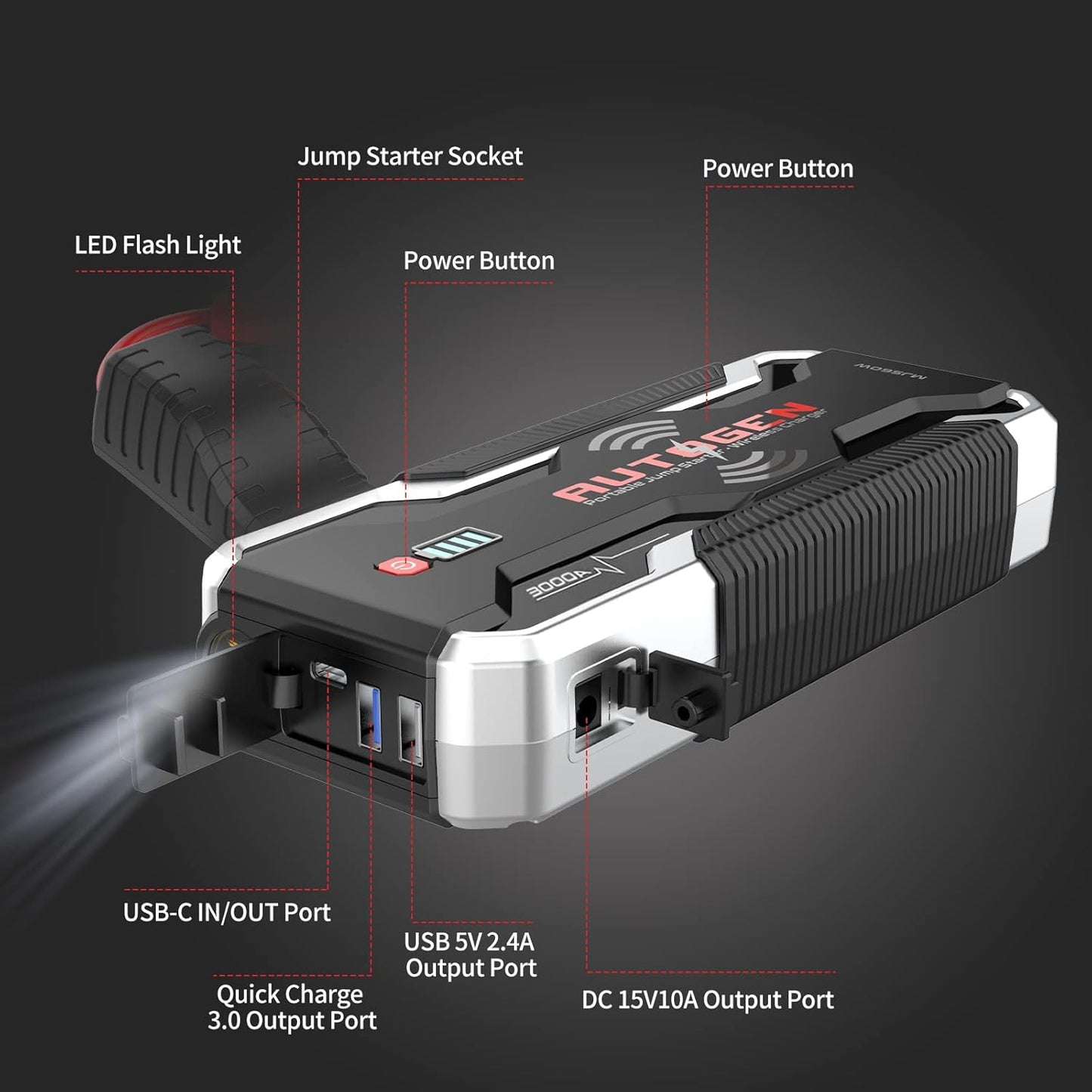 AUTOGEN Arrancador de Coches, 3000A 24000mAh 12V Arrancador de Baterias de Coche (para Todo vehículo de Gasolina o 8.0L de Diesel) 10W Cargador Inalámbrico, QC3.0, IP68 Impermeable, Linterna LED