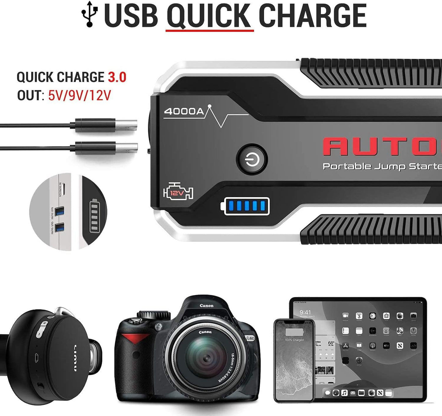 AUTOGEN Arrancador de Coches 4000A 27000mAh(10.0L Gas & Diesel), Arrancador Batería Coche 12V, USB QC 3.0, Paquete de energía portátil para automóviles, SUV, Camiones.