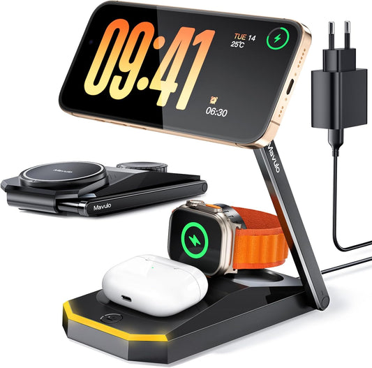 Cargador iPhone Carga Rapida Inalambrico,3 en 1 para Apple mag-Safe Cargador Inalámbrico para iPhone 16 15 14 13, Soporte de Carga inalámbrico para Apple Watch, AirPods con LED y Adaptador