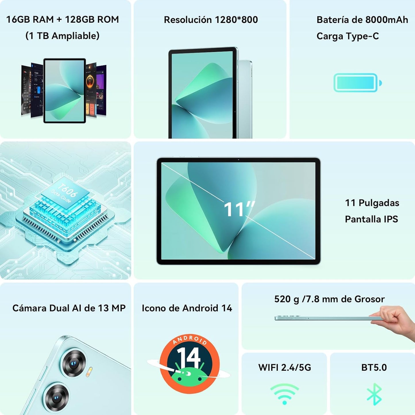 OUKITEL OT9 Android 14 WiFi Tablet 11 Pulgadas 16GB + 128GB(1TB TF) Gaming Tableta Batería 8000mAh COLOR MORADO