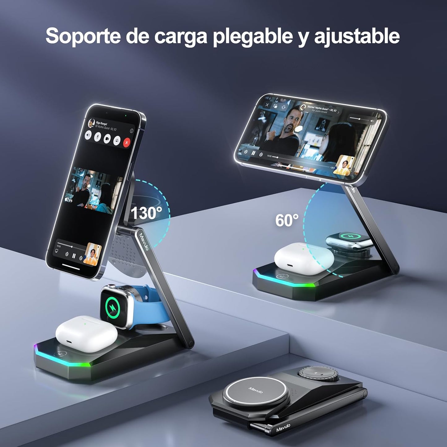 Cargador iPhone Carga Rapida Inalambrico,3 en 1 para Apple mag-Safe Cargador Inalámbrico para iPhone 16 15 14 13, Soporte de Carga inalámbrico para Apple Watch, AirPods con LED y Adaptador