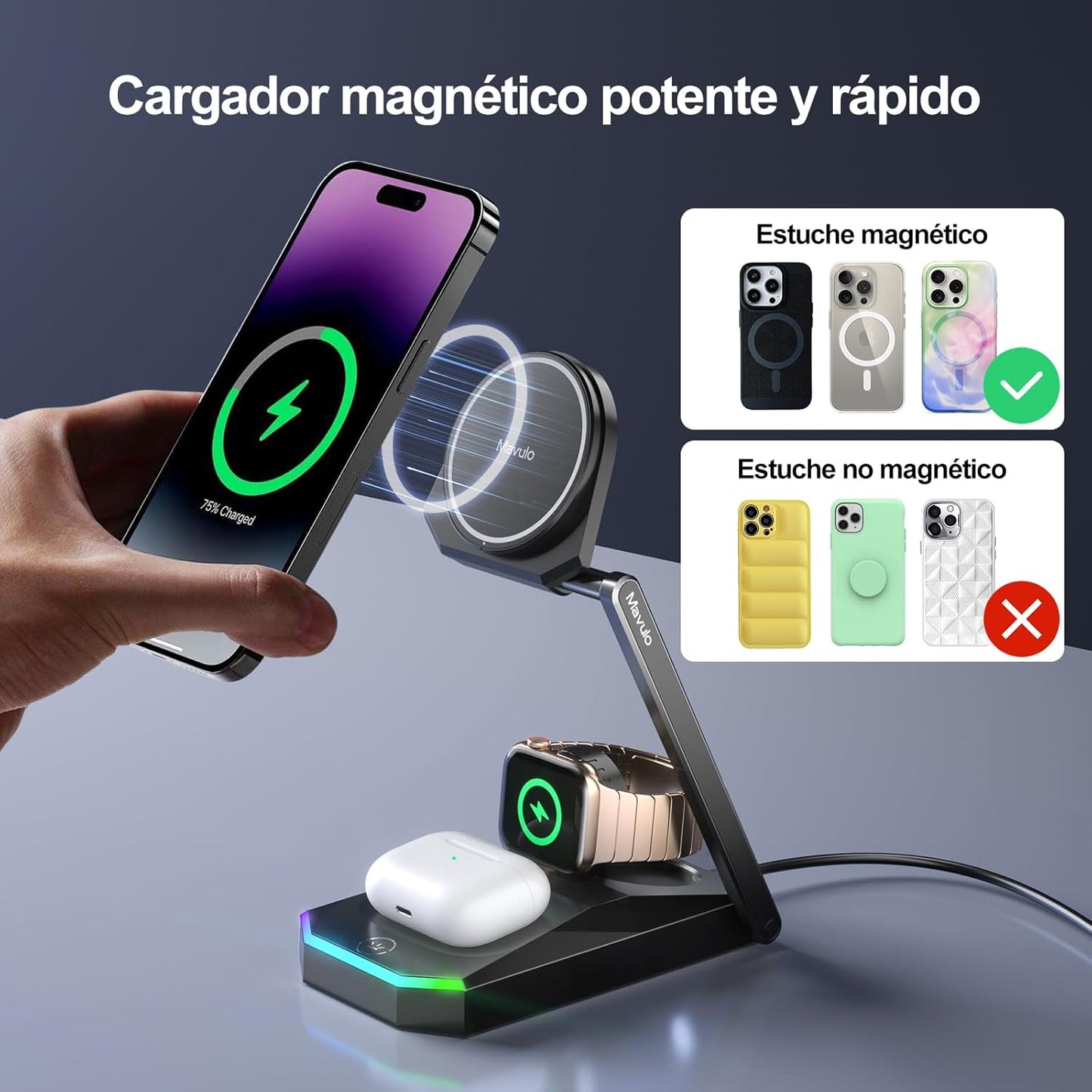 Cargador iPhone Carga Rapida Inalambrico,3 en 1 para Apple mag-Safe Cargador Inalámbrico para iPhone 16 15 14 13, Soporte de Carga inalámbrico para Apple Watch, AirPods con LED y Adaptador