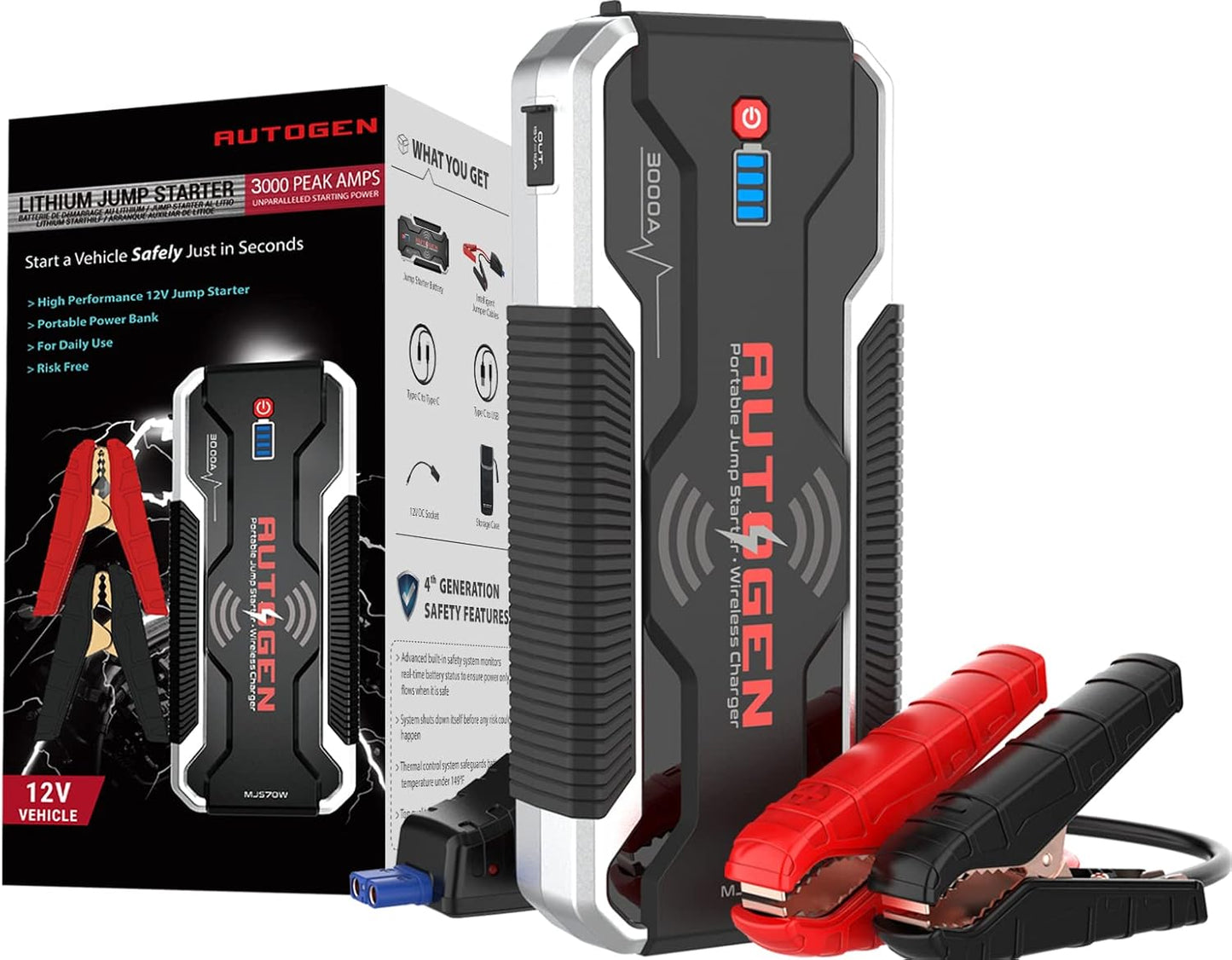 AUTOGEN Arrancador de Coches, 3000A 24000mAh 12V Arrancador de Baterias de Coche (para Todo vehículo de Gasolina o 8.0L de Diesel) 10W Cargador Inalámbrico, QC3.0, IP68 Impermeable, Linterna LED