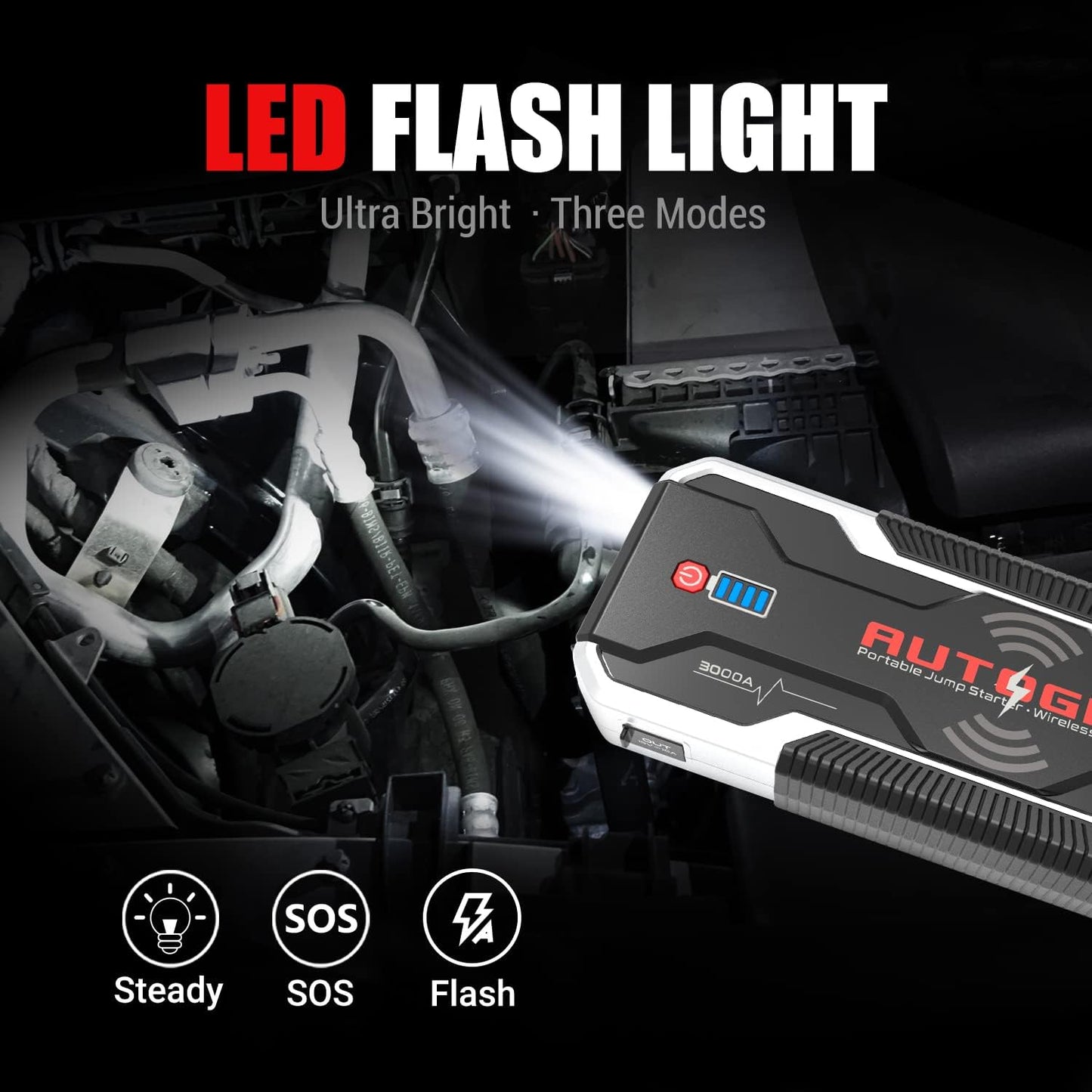 AUTOGEN Arrancador de Coches, 3000A 24000mAh 12V Arrancador de Baterias de Coche (para Todo vehículo de Gasolina o 8.0L de Diesel) 10W Cargador Inalámbrico, QC3.0, IP68 Impermeable, Linterna LED
