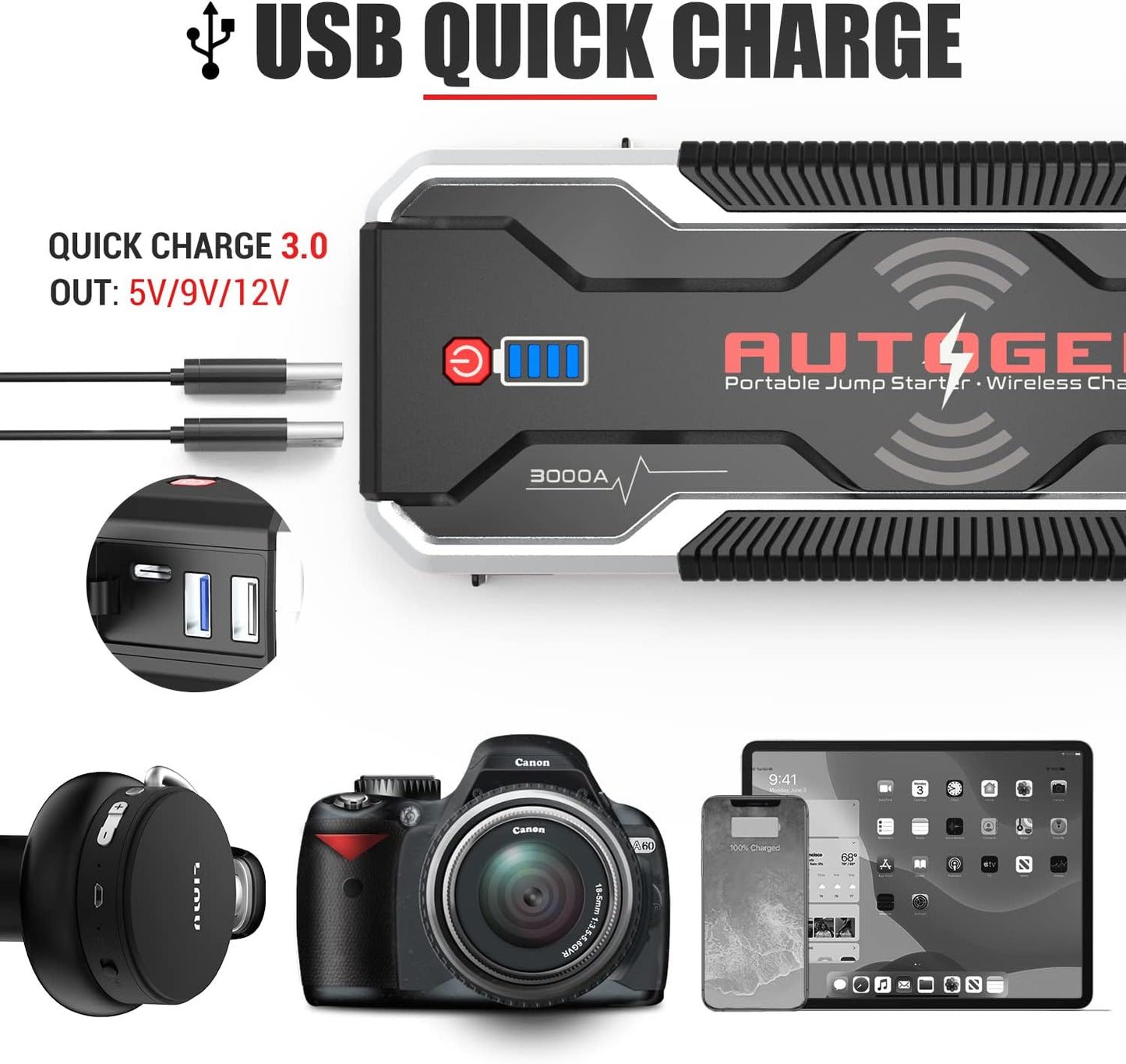 AUTOGEN Arrancador de Coches, 3000A 24000mAh 12V Arrancador de Baterias de Coche (para Todo vehículo de Gasolina o 8.0L de Diesel) 10W Cargador Inalámbrico, QC3.0, IP68 Impermeable, Linterna LED