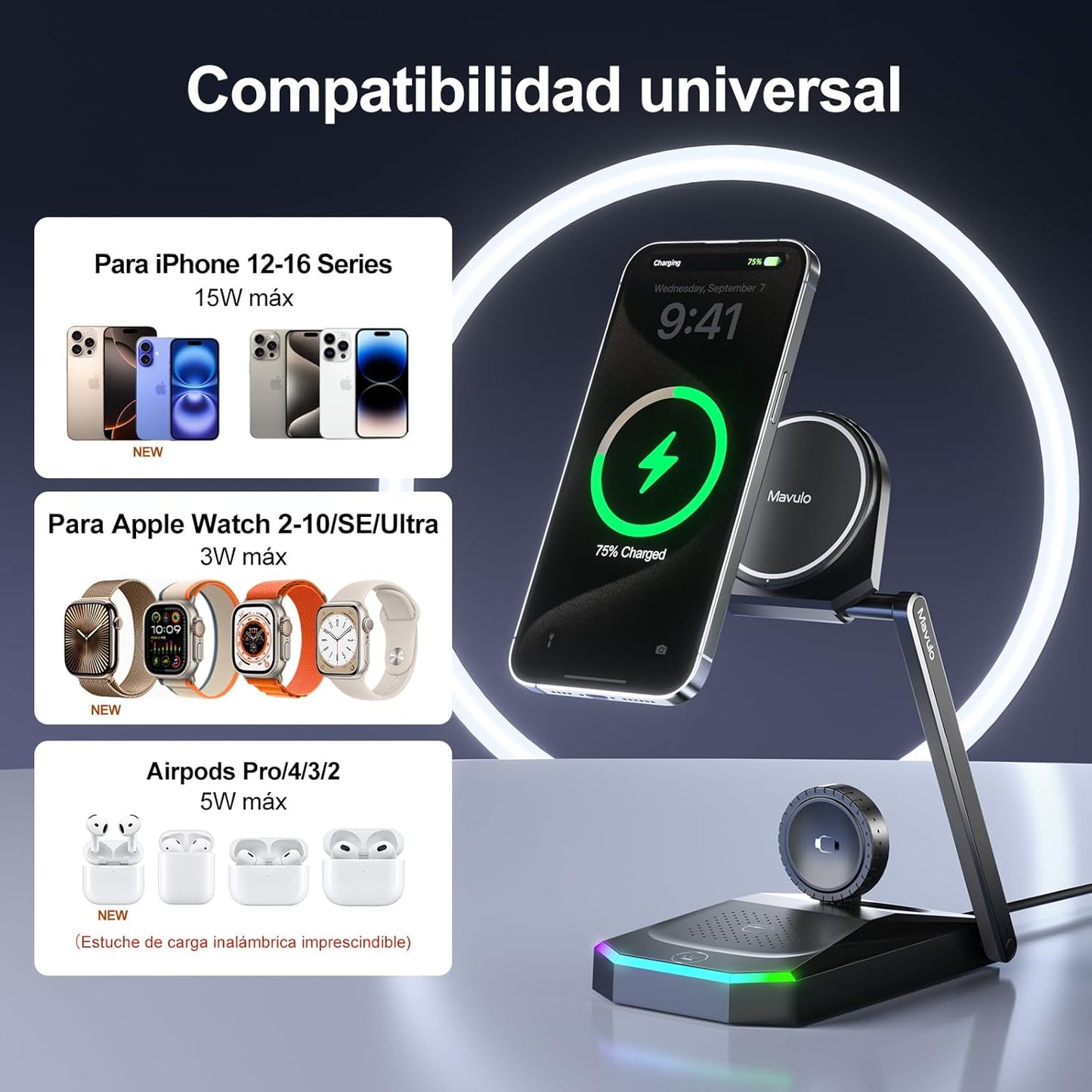 Cargador iPhone Carga Rapida Inalambrico,3 en 1 para Apple mag-Safe Cargador Inalámbrico para iPhone 16 15 14 13, Soporte de Carga inalámbrico para Apple Watch, AirPods con LED y Adaptador