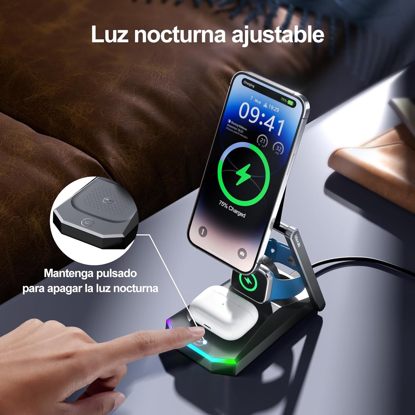 Cargador iPhone Carga Rapida Inalambrico,3 en 1 para Apple mag-Safe Cargador Inalámbrico para iPhone 16 15 14 13, Soporte de Carga inalámbrico para Apple Watch, AirPods con LED y Adaptador