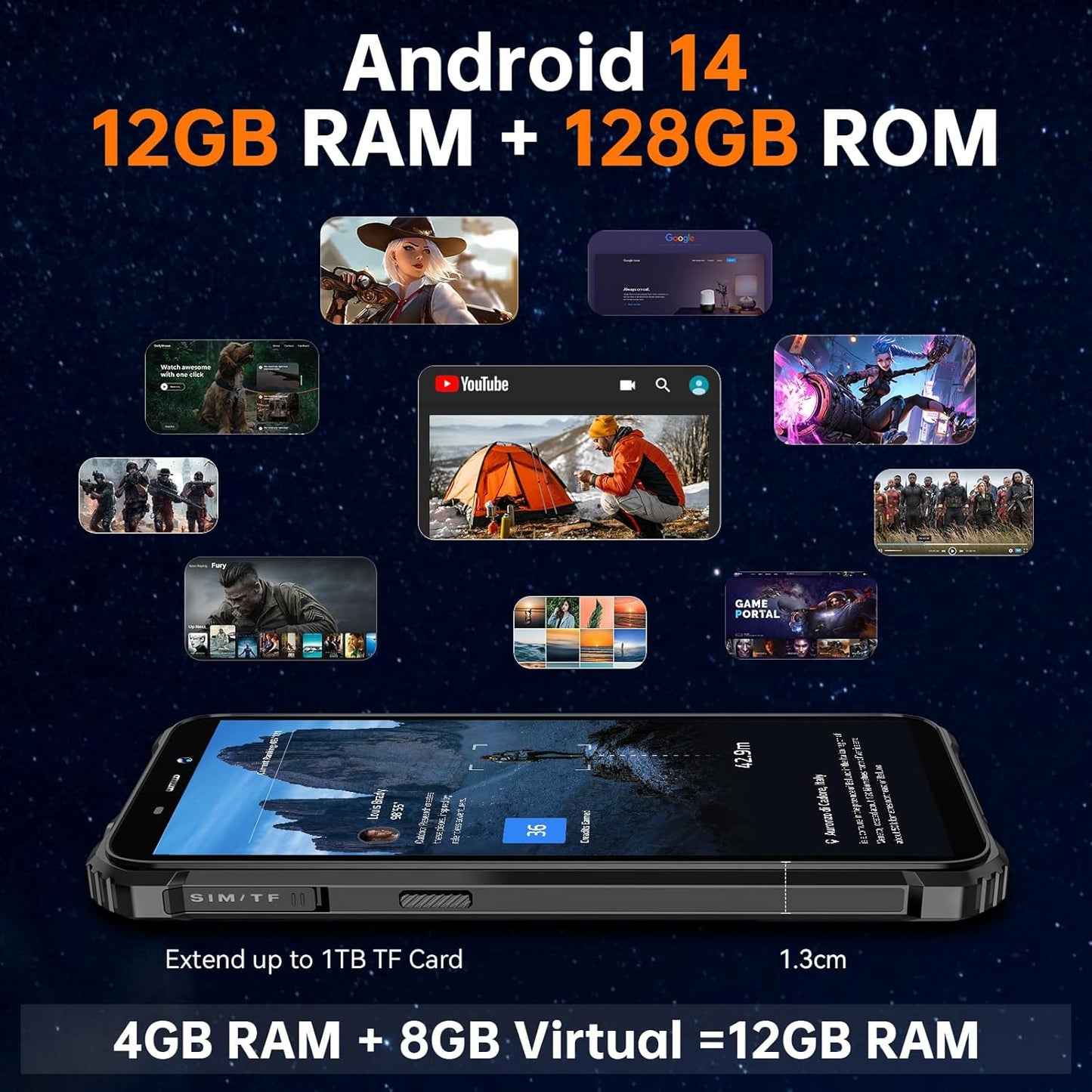 OUKITEL WP32 Movil Irrompible - 12GB+128GB (1TB Ampliable) Móvil Rugerizado, 6.0'' HD+ Pulgadas, Batería 6300mAh Smartphone Resistente Android 14, 20MP+5MP, Face ID, Dual 4G SIM/NFC/OTG, Naranja