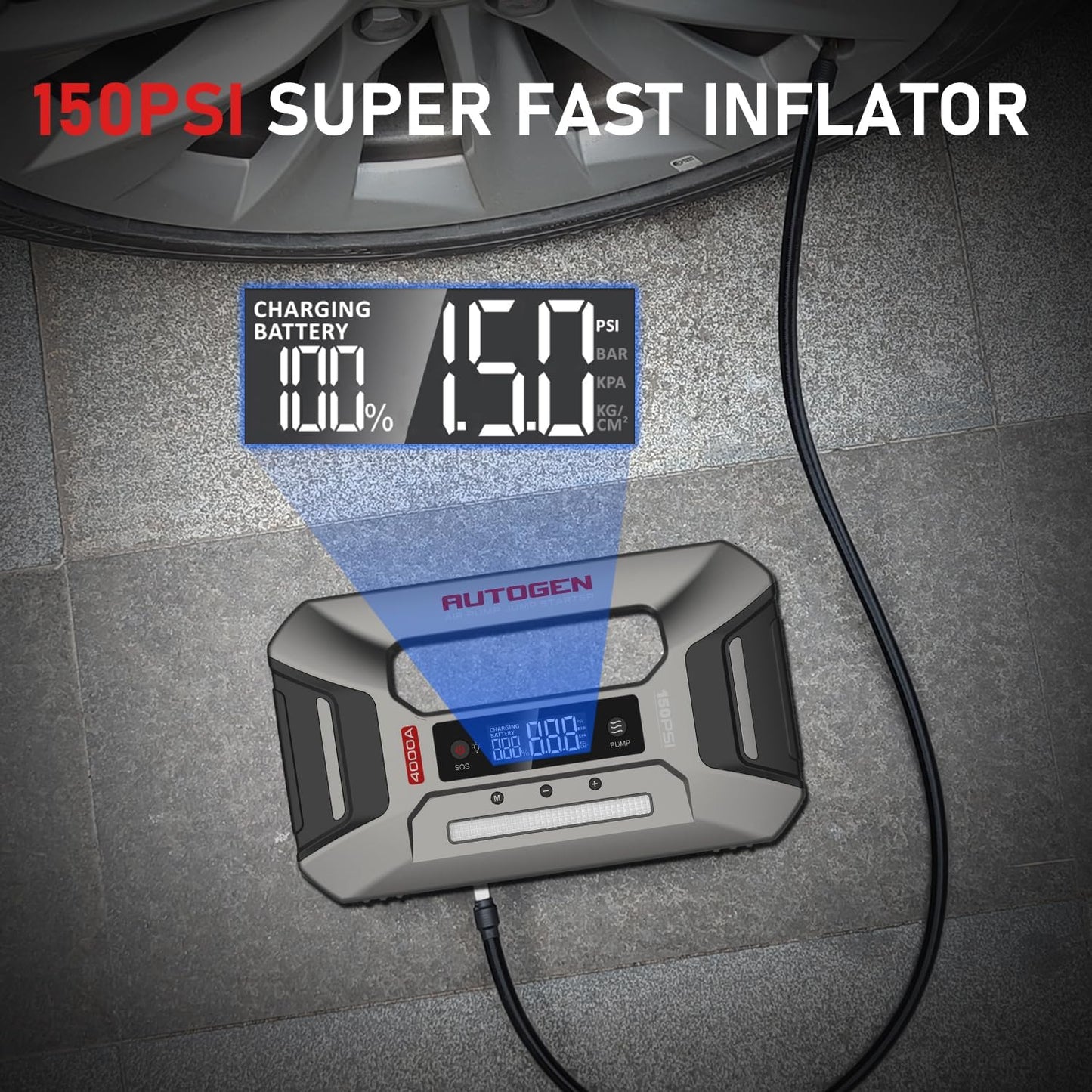 AUTOGEN Arrancador portátil de 12 V para Coche con compresor de Aire, Refuerzo de batería de 4000 A para Todas Las gasolinas y diésel de 9,5 l, inflador de neumáticos de 150 PSI con Pantalla Digital