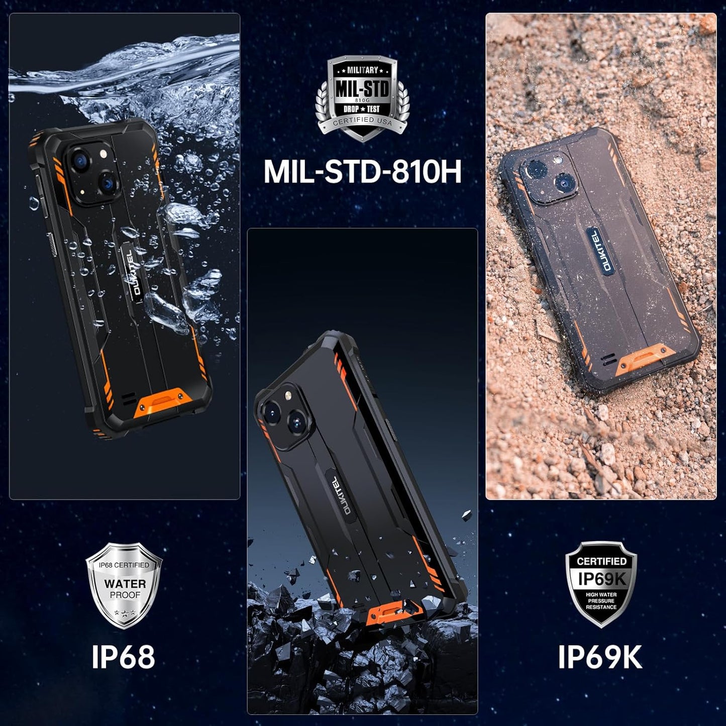 OUKITEL WP32 Movil Irrompible - 12GB+128GB (1TB Ampliable) Móvil Rugerizado, 6.0'' HD+ Pulgadas, Batería 6300mAh Smartphone Resistente Android 14, 20MP+5MP, Face ID, Dual 4G SIM/NFC/OTG, Naranja