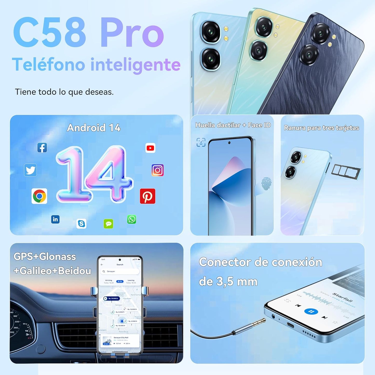Teléfono Móvil Libres OUKITEL C58 Pro Android 14&nbsp; - 6.7 Pantalla HD+ 90Hz Teléfonos Inteligentes, 24GB+256GB/1TB, Batería 5150mAh, Cámara 50MP Smartphone, 4G Dual SIM/OTG/GPS/Fingerprint/Face ID
