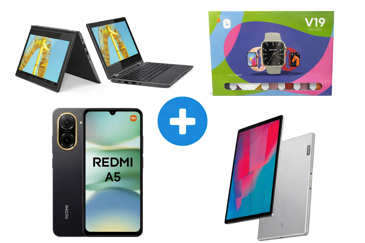 Pack Tecnología Completo: Tablet Lenovo 10.3" + Portátil REACONDICIONADO 300e + Xiaomi Redmi A5 64GB + Smartwatch 7 en 1