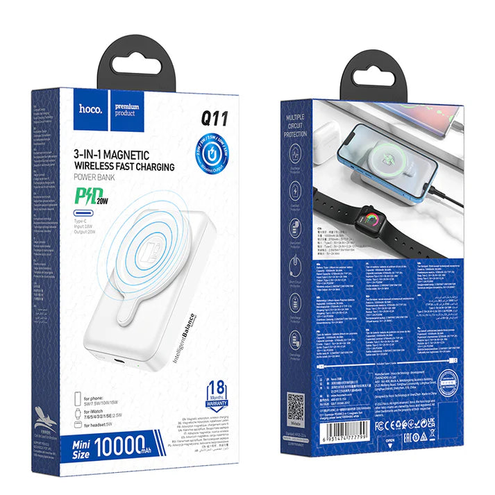 Hoco. Q11 Power Bank Magnético 3 En 1 Con Carga Inalámbrica Y Salida PD20W  Type-C De 10000mAh ELIGE BLANCO O NEGRO