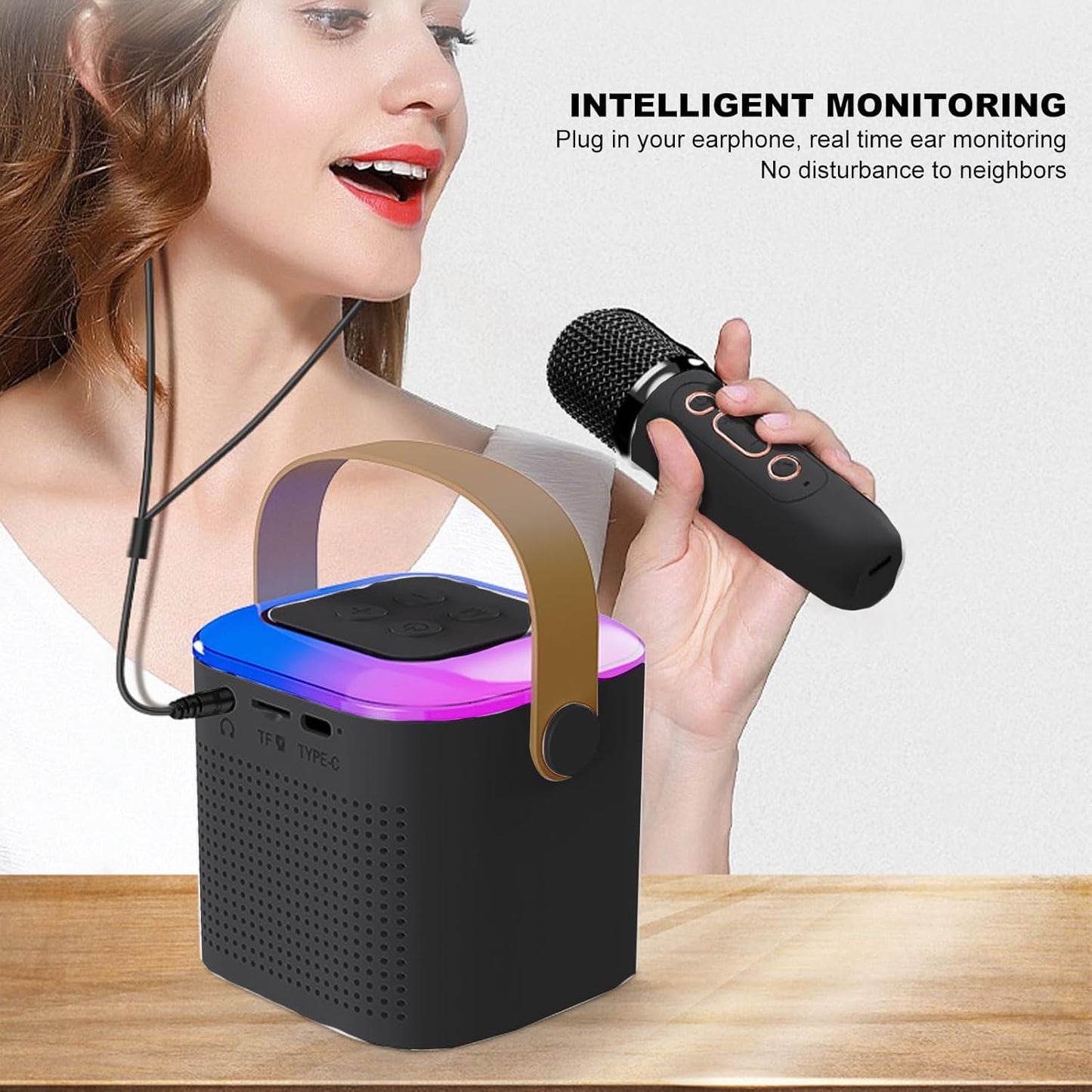 Máquina de Karaoke con Micrófono Inalámbrico, Altavoz Bluetooth Y1 Bass Treble con Luz RGB, Altavoz de Karaoke de 6 W Compatible con Reproducción de Tarjeta de Memoria, Cubre una (Negro)