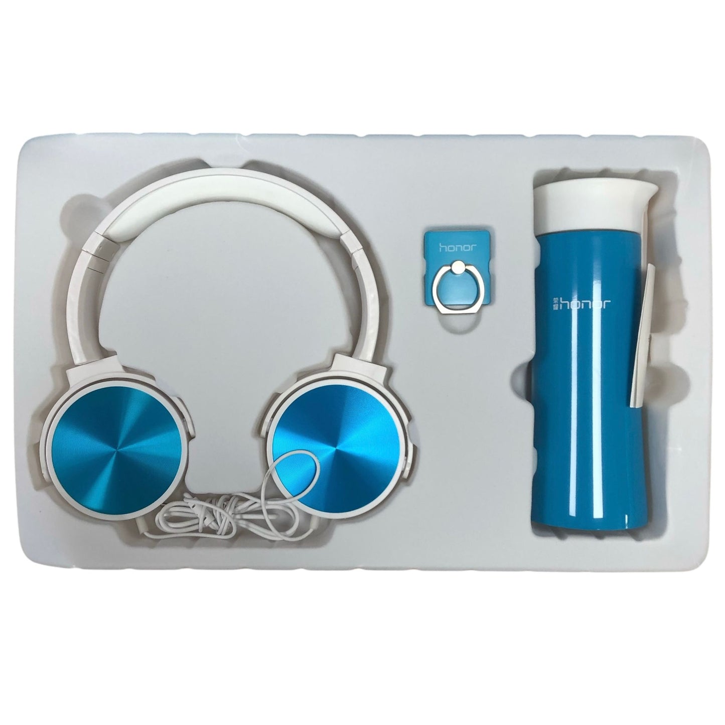 Pack Huawei Honor 10: auriculares+ soporte para anillos y botella de agua. COLOR AZUL