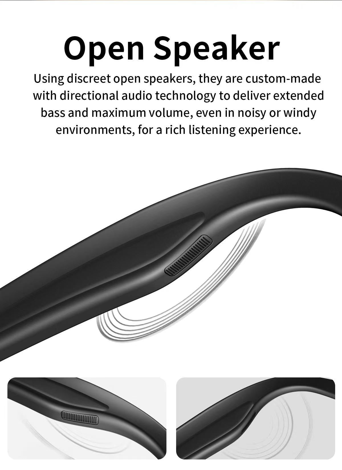 Gafas Inteligentes con el cristal negro, Cámara HD, Bluetooth 5.4, Batería de 220 mAh, Altavoces Estéreo con Bajos, Micrófono con Cancelación de Ruido, Detección de Uso