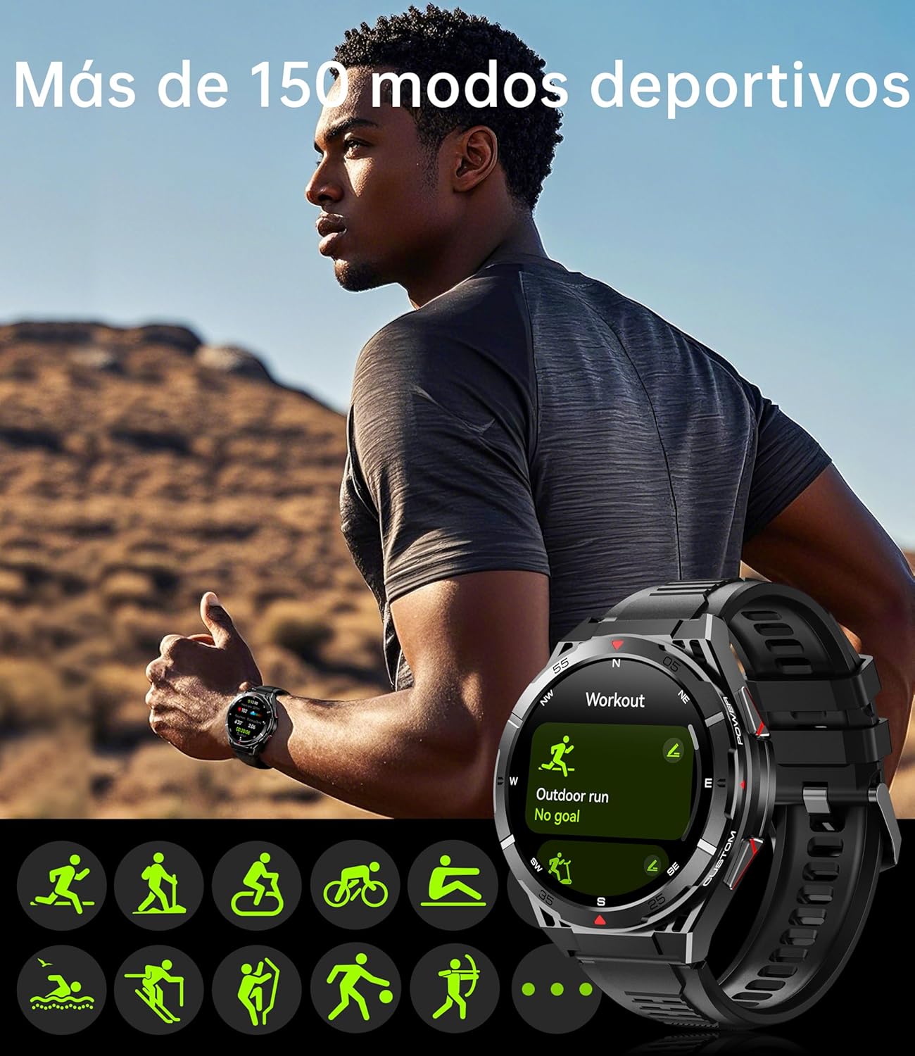 OUKITEL Reloj Inteligente Hombre con GPS, Smartwatch Hombre Deportivo con 150 Modos Deportivos, Pantalla AMOLED de 1,43" 5ATM Impermeable, 24/7 Monitor de Salud, batería de 10 días