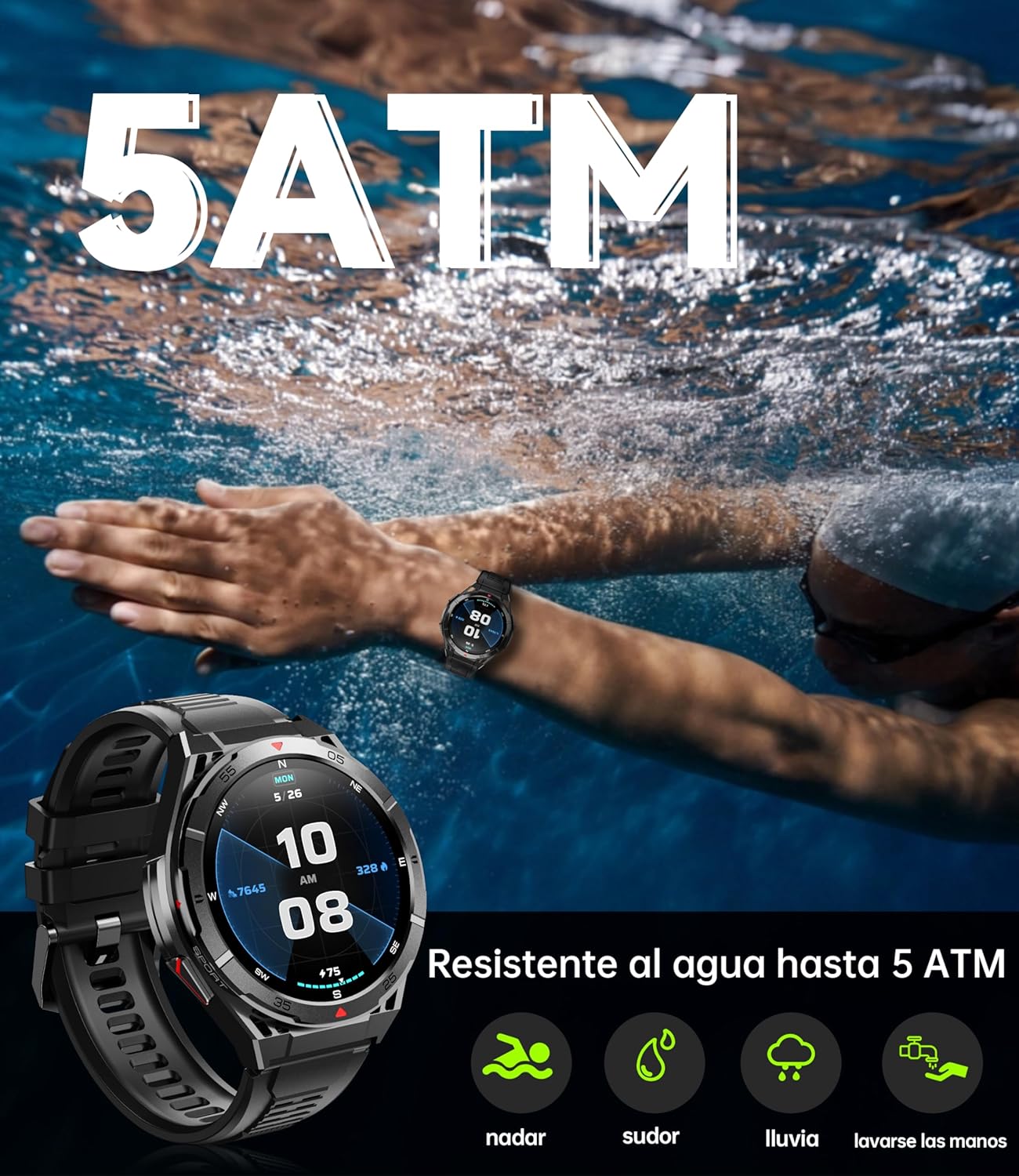 OUKITEL Reloj Inteligente Hombre con GPS, Smartwatch Hombre Deportivo con 150 Modos Deportivos, Pantalla AMOLED de 1,43" 5ATM Impermeable, 24/7 Monitor de Salud, batería de 10 días