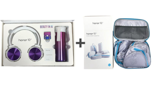 Pack Huawei Honor 10: auriculares+ soporte para anillos y botella de agua. COLOR MORADO + pack x6 neceseres