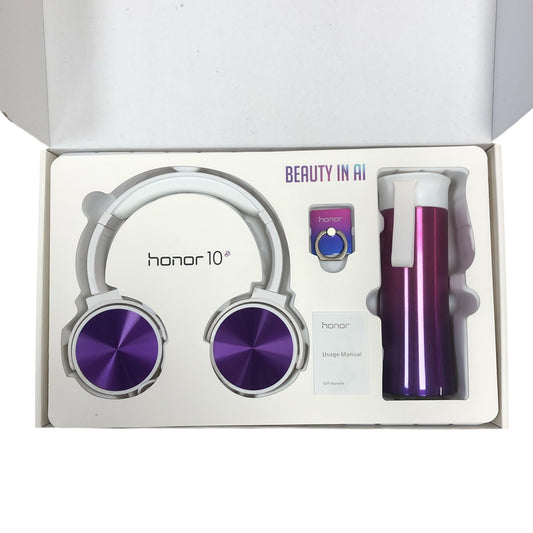 Pack Huawei Honor 10: auriculares+ soporte para anillos y botella de agua. COLOR MORADO