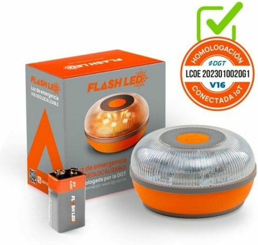 FlashLED SOS Luz Emergencia V16 Conectada Homologada, Autorizada por la DGT, Tarjeta SIM y SERVICIO DE DATOS HASTA 2038, Base Imantada, Resistencia al Agua y Polvo IP54, INCLUYE FUNDA