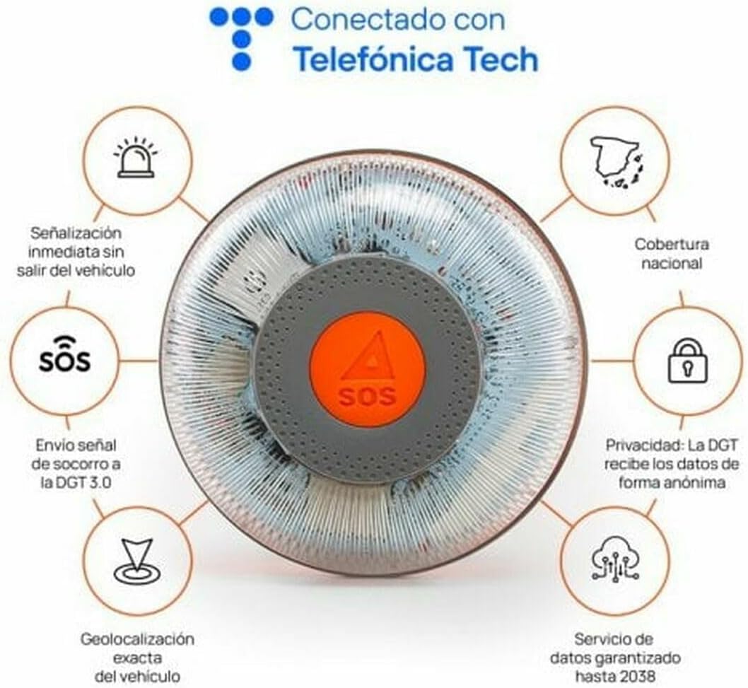 FlashLED SOS Luz Emergencia V16 Conectada Homologada, Autorizada por la DGT, Tarjeta SIM y SERVICIO DE DATOS HASTA 2038, Base Imantada, Resistencia al Agua y Polvo IP54, INCLUYE FUNDA