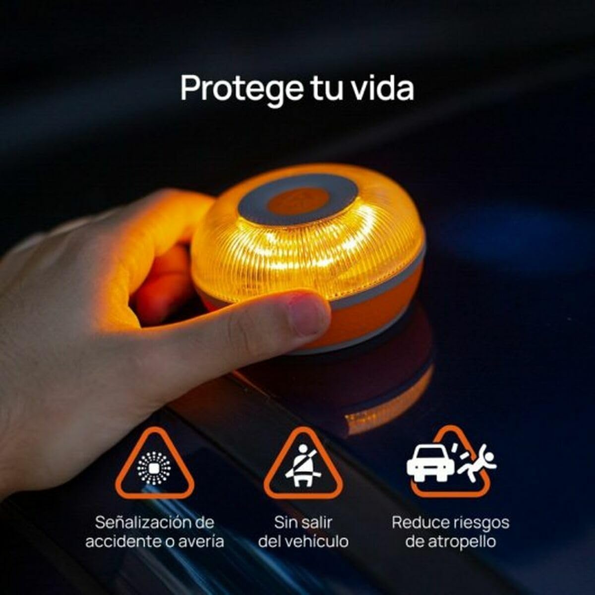 FlashLED SOS Luz Emergencia V16 Conectada Homologada, Autorizada por la DGT, Tarjeta SIM y SERVICIO DE DATOS HASTA 2038, Base Imantada, Resistencia al Agua y Polvo IP54, INCLUYE FUNDA